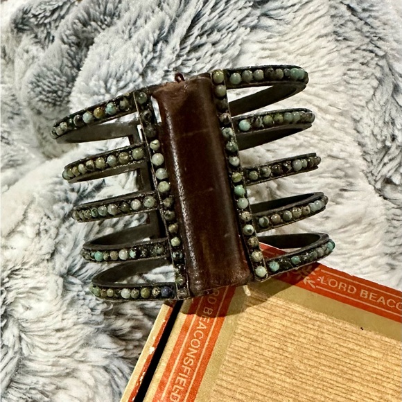 EUC by Rebel Designs. 5-Bar, Metal, African Turquoise, Vintage Leather, Bracelet - Picture 5 of 11